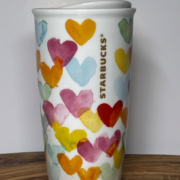 2015 Starbucks Watercolor Hearts Ceramic Travel Tumbler 10 oz Mug Cup with Lid - Picture 2 of 13